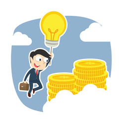 Businessman use his idea to get to the top of coins peak– stock illustration