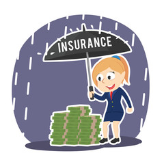 Businesswoman using insurance umbrella to protect her financial money– stock illustration