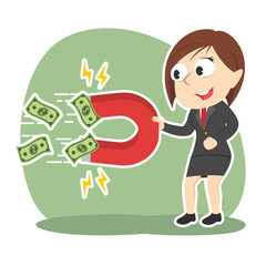 Businesswoman using magnet to attract moneys– stock illustration