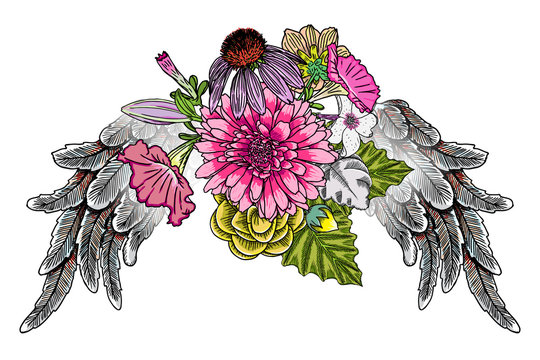 Ornate fashioned wings and elegant vintage flower bouquet, isolated Victorian motif style art. Rose and flowers with angel or bird wings flash tattoo design elements. Drawing girl style. Vector.