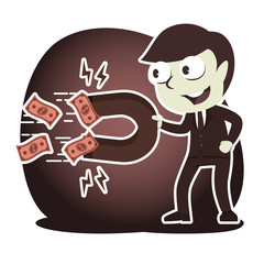 Retro style businessman using magnet to attract moneys– stock illustration