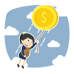 Businesswoman fly away with her wealth– stock illustration