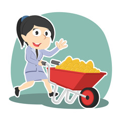 Businesswoman and wheelbarrow filled with golden eggs– stock illustration