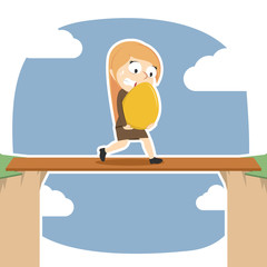 Businesswoman carrying golden egg on plank between cliffs– stock illustration