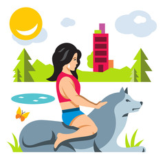 Vector Girl with dog. Flat style colorful Cartoon illustration.