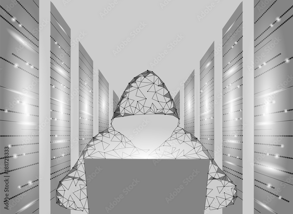 Sticker internet security cyber attack business concept low poly. anonymous hacker laptop computer gray whit