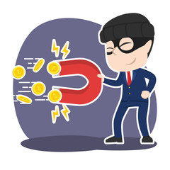 Asian thief businessman stealing coins with magnet– stock illustration