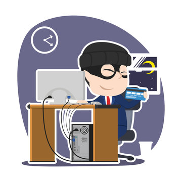 Asian thief businessman hacking company account bank using laptop– stock illustration