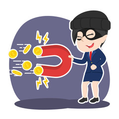 Fototapeta na wymiar Asian thief businesswoman stealing ideas with magnet– stock illustration