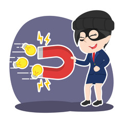 Asian thief businesswoman stealing ideas with magnet– stock illustration