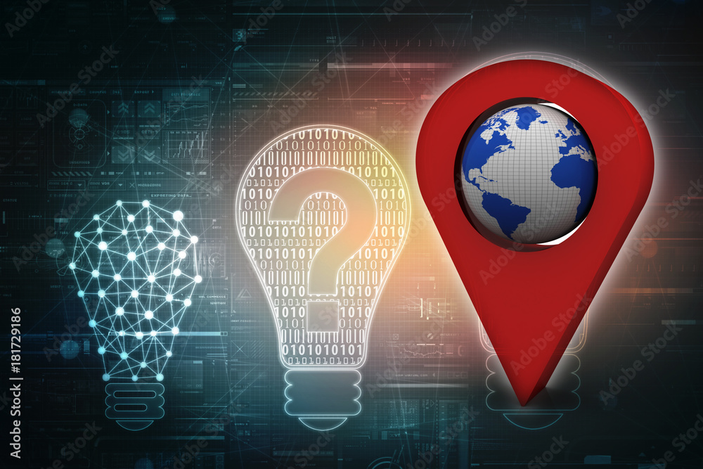 Poster 3d rendering red map pointer with world map