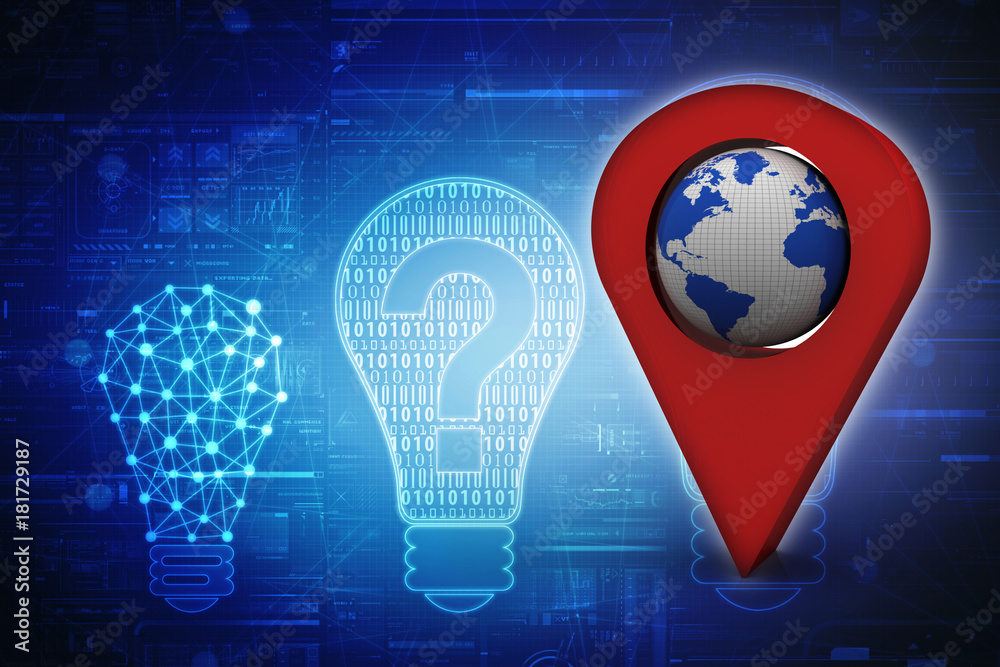 Poster 3d rendering red map pointer with world map