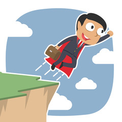 Super indian businessman taking flight from cliff edge– stock illustration