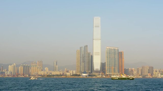 sunset time hong kong kowloon bay icc building panorama 4k china

