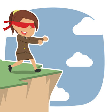 Blindfolded indian businesswoman walking to cliff edge– stock illustration
