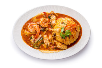 Stir Fried Seafood with Rice isolated on white background