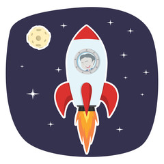 Asian businessman rocket in space near moon– stock illustration