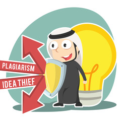 Arabian businessman protecting his idea with shield– stock illustration