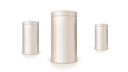 Set of round tins of packaging for bulk products and canned products. Container cylindrical shaped, Icon, template of round tin cans. Vector 3D illustration isolated on white background.