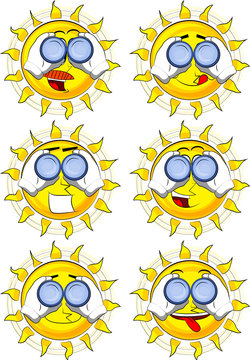 Cartoon sun looking through binoculars. Collection with happy faces. Expressions vector set.
