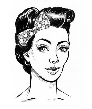 Pin up girl portrait. Black and white retro styled ink illustration