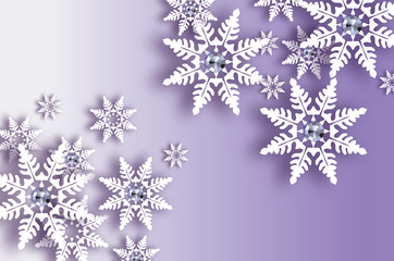 Origami Snowfall with diamond. Crystal Happy New Year Greetings card. Brilliant Merry Christmas. White Paper cut snow flake. Winter snowflakes. Holidays. Purple background. Vector