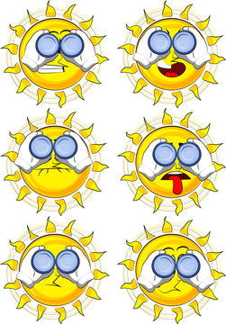 Cartoon sun looking through binoculars. Collection with sad faces. Expressions vector set.