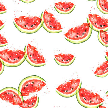 Seamless watercolor pattern with a piece of red
Watermelon, vintage bright drawing of a topical fruit.