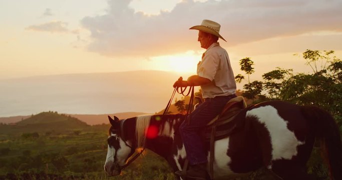 Cowboy horseback riding at sunset