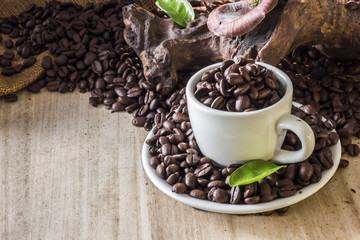 Coffee beans in coffee cup and leaves