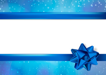 Realistic blue ribbon and bow. Winter background New year and christmas design.