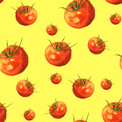     Vintage seamless pattern on a yellow background. Vegetables, red tomatoes, cherry tomatoes, watercolor. 
