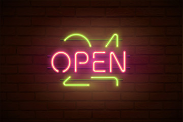 24 open neon sign. Vector realistic neon advertisign.