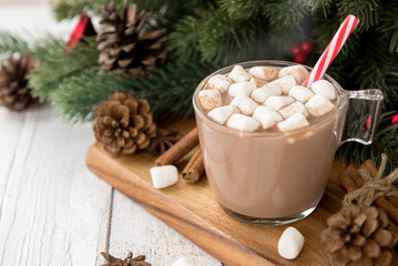 Hot spiced Christmas chocolate drink with marshmallows topping