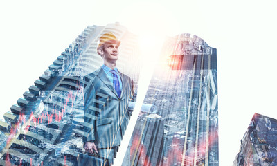 Architect man and his project. Mixed media