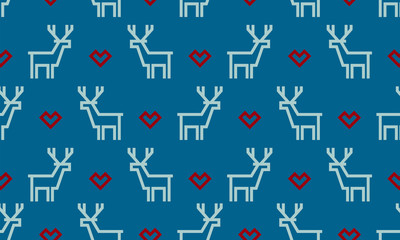 Christmas pattern background of seamless deer reindeer and red heart. Vector white deer pattern on blue background for winter holiday New Year greeting card of simple line embroidery design template