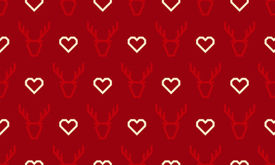 Christmas pattern background of seamless deer reindeer and heart embroidery. Vector red deer pattern background for winter holiday New Year greeting card of simple line pixel graphic design template