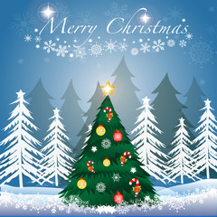 Vector and illustration Christmas tree decorated with candy, ornament and snowflake in winter forest on fairy night blue sky background with shiny star and Merry Christmas word