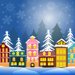 Vector and illustration of snow town concept, cute village buildings in snow with christmas tree forest and snowflake on blue sky background
