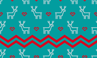Christmas deer pattern background of seamless reindeer and red heart for winter holiday New Year greeting card. Vector white deer pattern on blue background and red zigzag ornament embroidery tracery