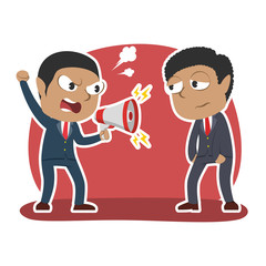 African businessman yelling with megaphone to his male employee– stock illustration