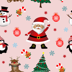 Seamless pattern vector and illustration of Christmas, New year and Winter concept with cute hand drawing Santa claus, Snowman, penguin, reindeer, Christmas tree on pink background
