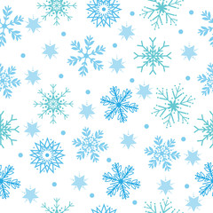Vector and illustration of digital seamless pattern of blue snowflakes and stars on white background for winter, snow, christmas 