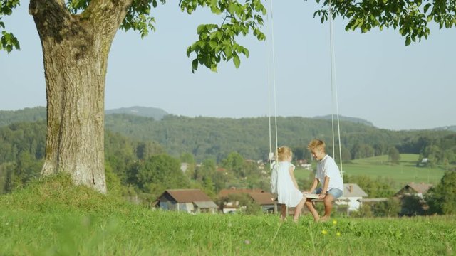 SLOW MOTION: Young boy and girl on a swing set facing each other and talking. Brother and sister playing on a swing and chatting on a sunny day in spring. Two chatty kids swinging under a big tree.