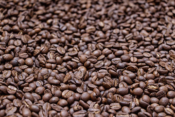 Freshly roasted coffee beans, medium roast close-up