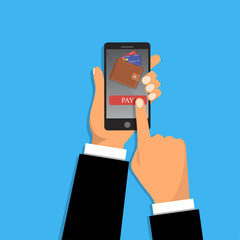 Wallet app page on smartphone screen. Hand hold smartphone, finger touch screen. Mobile wallet account. Online shopr or buying somthing from mobile