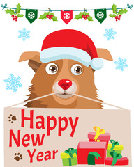 Unconditional Love. Funny Cartoon Dog With Santa Hat, Gift And Space For Your Christmas Text Vector Banner. Your Dog Loves You.