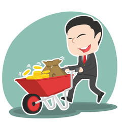 Asian businessman pushing wheelbarrow full of coins– stock illustration