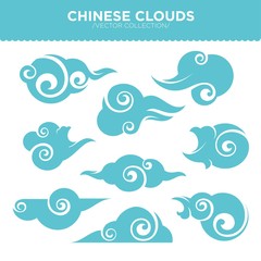 Chinese curly clouds in tender blue colors filled and outline of round and oblong shapes vector collection