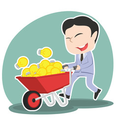 Asian businessman pushing wheelbarrow full of ideas– stock illustration